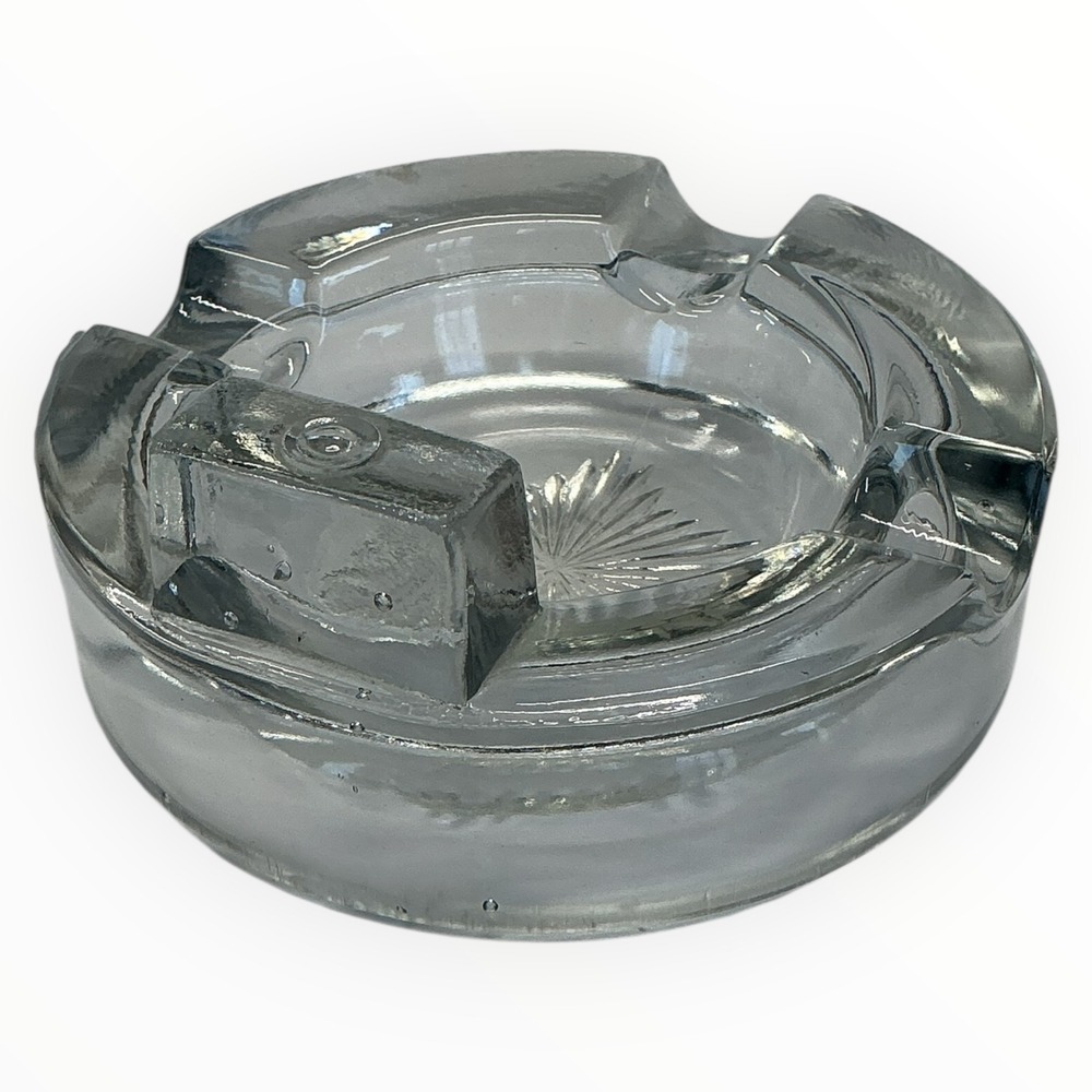 Vintage Clear Glass Cigarette Ashtray Round Heavy Sunburst Base 4.5‎ inch